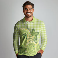 Hawaii Palaka Long Sleeve Polo Shirt Cute Green Mango Turtle On The Waves