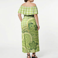 Hawaii Palaka Off Shoulder Maxi Dress Cute Green Mango Turtle On The Waves