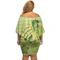 Hawaii Palaka Off Shoulder Short Dress Cute Green Mango Turtle On The Waves
