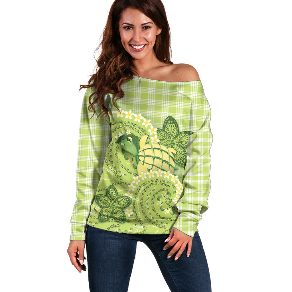 Hawaii Palaka Off Shoulder Sweater Cute Green Mango Turtle On The Waves