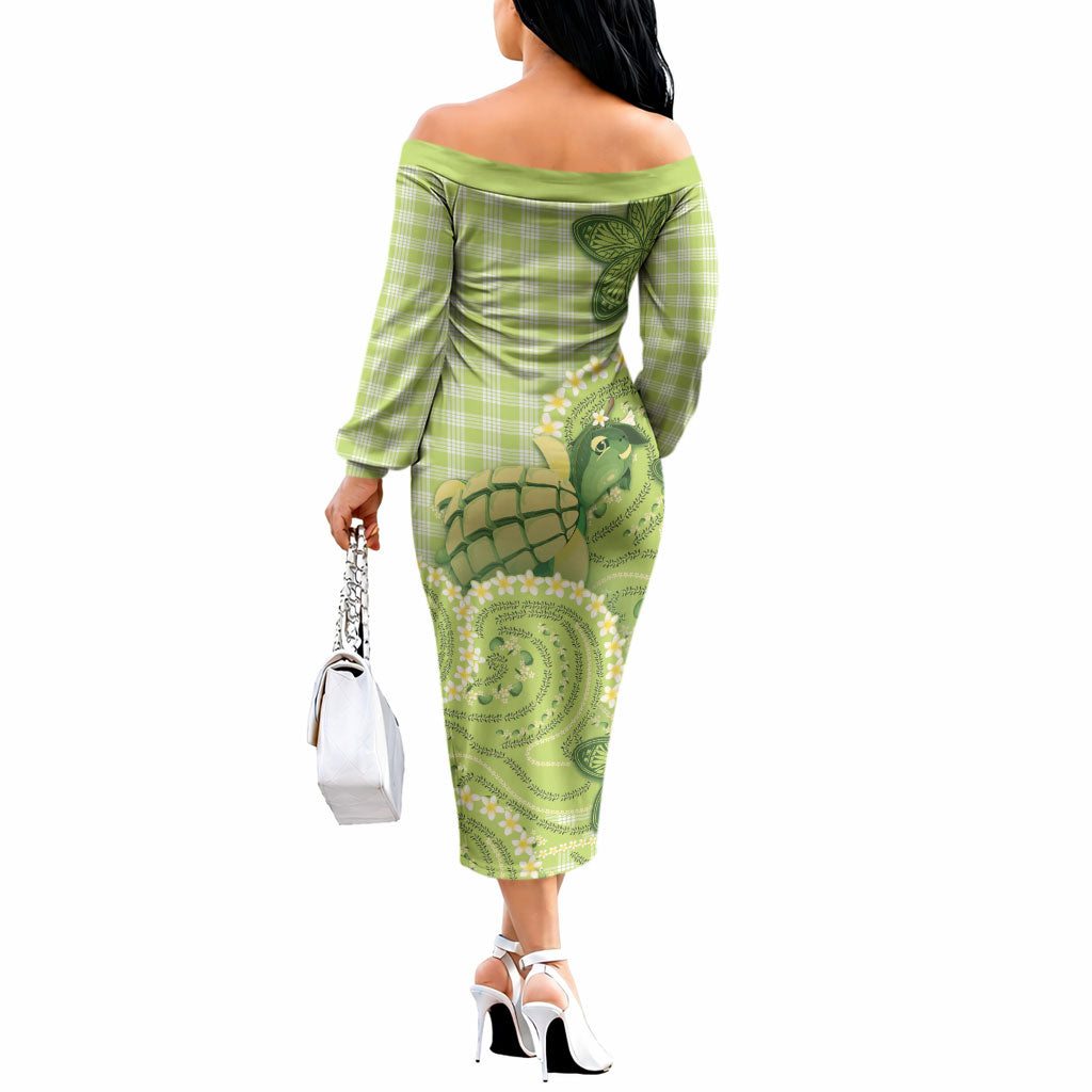 Hawaii Palaka Off The Shoulder Long Sleeve Dress Cute Green Mango Turtle On The Waves