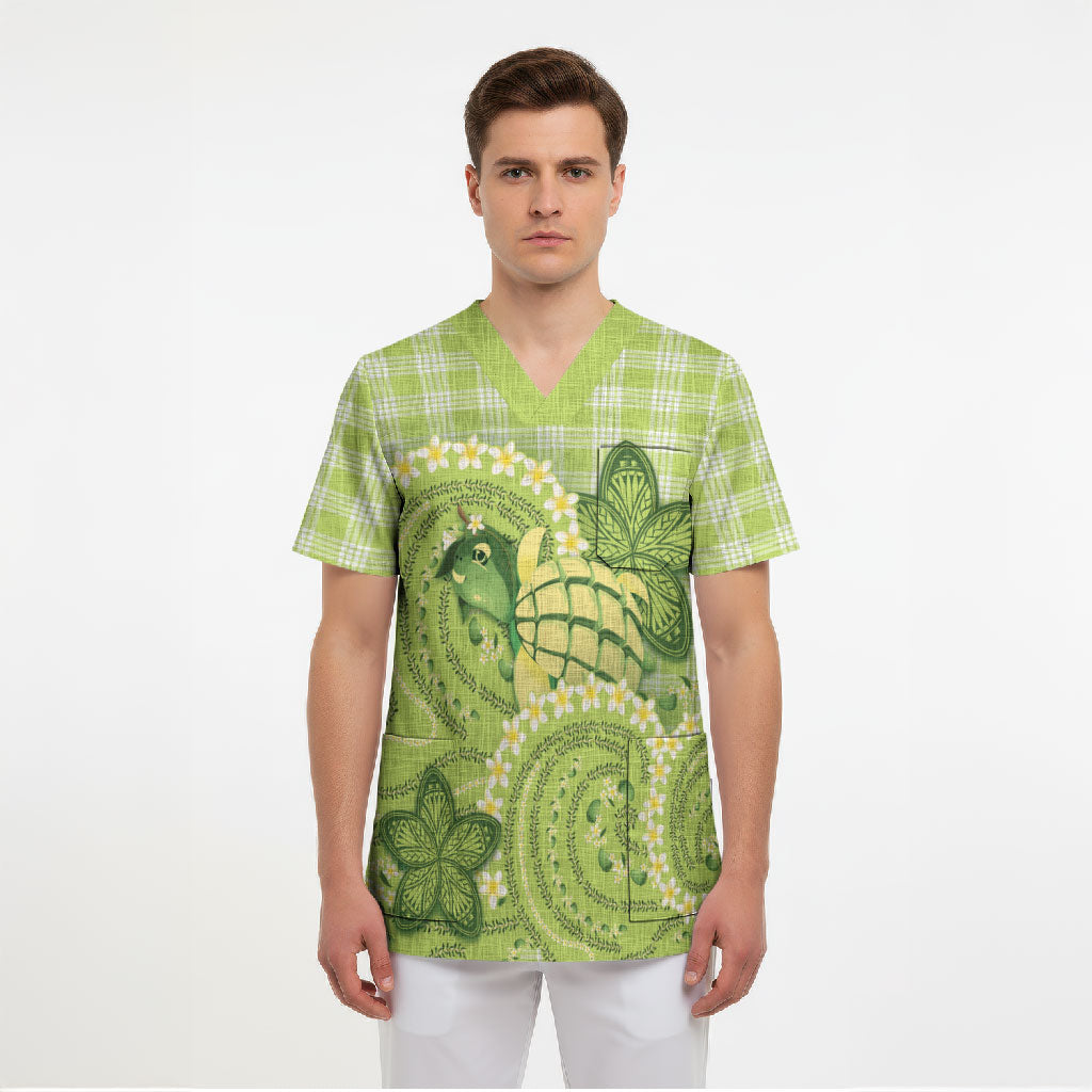 Hawaii Palaka Scrub Top Cute Green Mango Turtle On The Waves