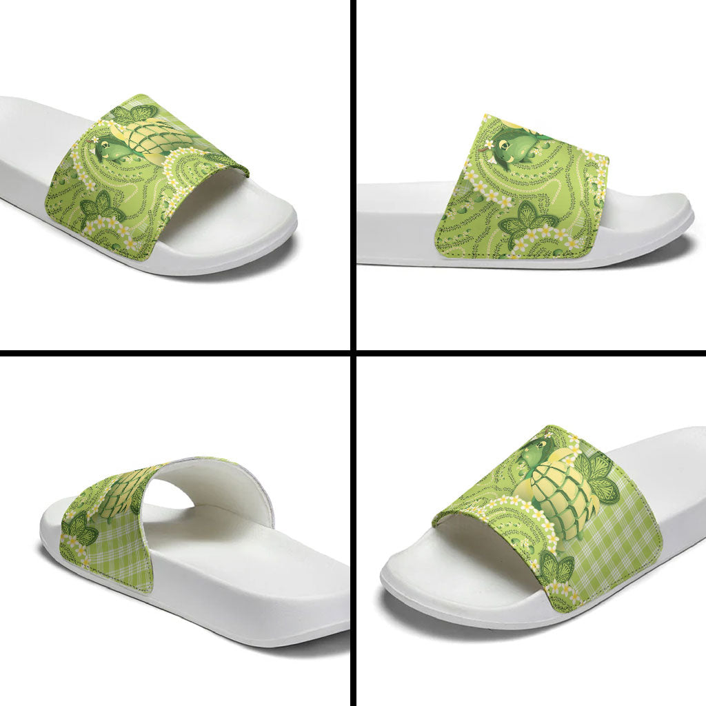 Hawaii Palaka Slide Sandals Cute Green Mango Turtle On The Waves