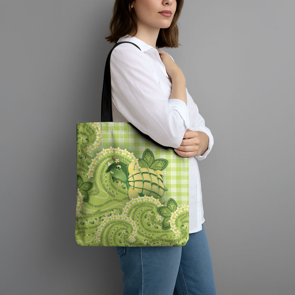 Hawaii Palaka Tote Bag Cute Green Mango Turtle On The Waves
