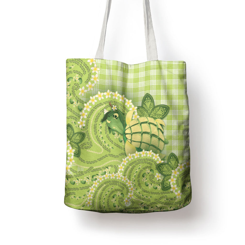 Hawaii Palaka Tote Bag Cute Green Mango Turtle On The Waves