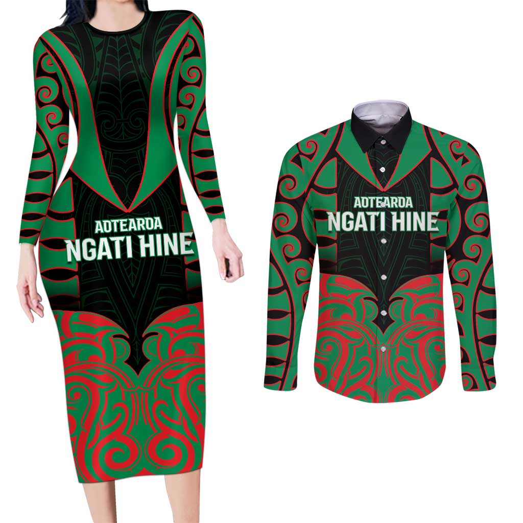 Custom Aotearoa Ngati Hine Couples Matching Long Sleeve Bodycon Dress and Long Sleeve Button Shirt Maori Pattern New Zealand DT05 Green - Polynesian Pride