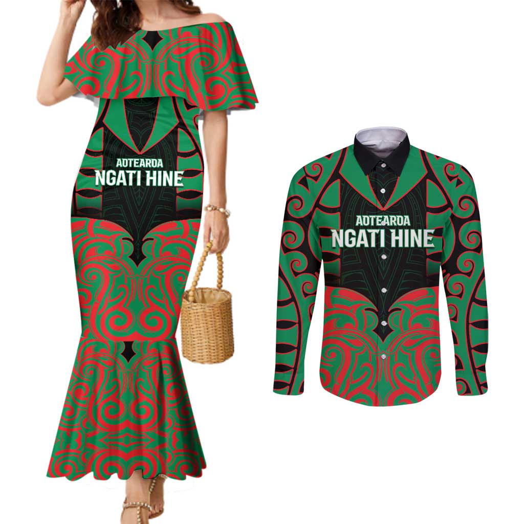 Custom Aotearoa Ngati Hine Couples Matching Mermaid Dress and Long Sleeve Button Shirt Maori Pattern New Zealand DT05 Green - Polynesian Pride