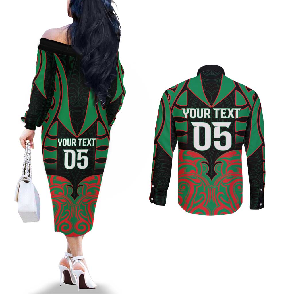 Custom Aotearoa Ngati Hine Couples Matching Off The Shoulder Long Sleeve Dress and Long Sleeve Button Shirt Maori Pattern New Zealand - Polynesian Pride