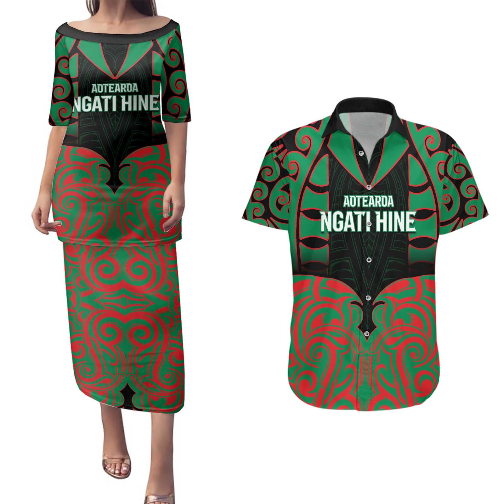 Custom Aotearoa Ngati Hine Couples Matching Puletasi and Hawaiian Shirt Maori Pattern New Zealand - Polynesian Pride
