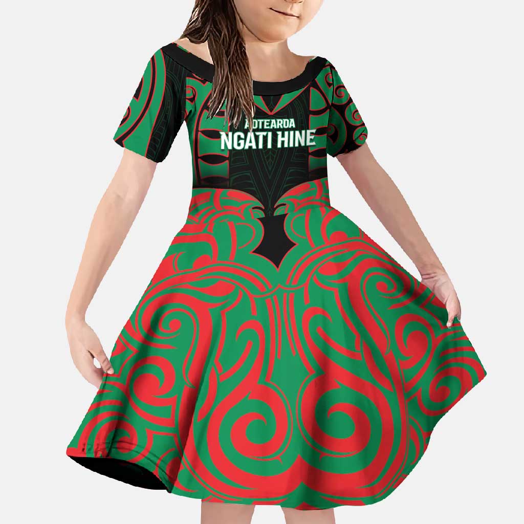 Custom Aotearoa Ngati Hine Family Matching Off Shoulder Maxi Dress and Hawaiian Shirt Maori Pattern New Zealand DT05 Daughter's Dress Green - Polynesian Pride