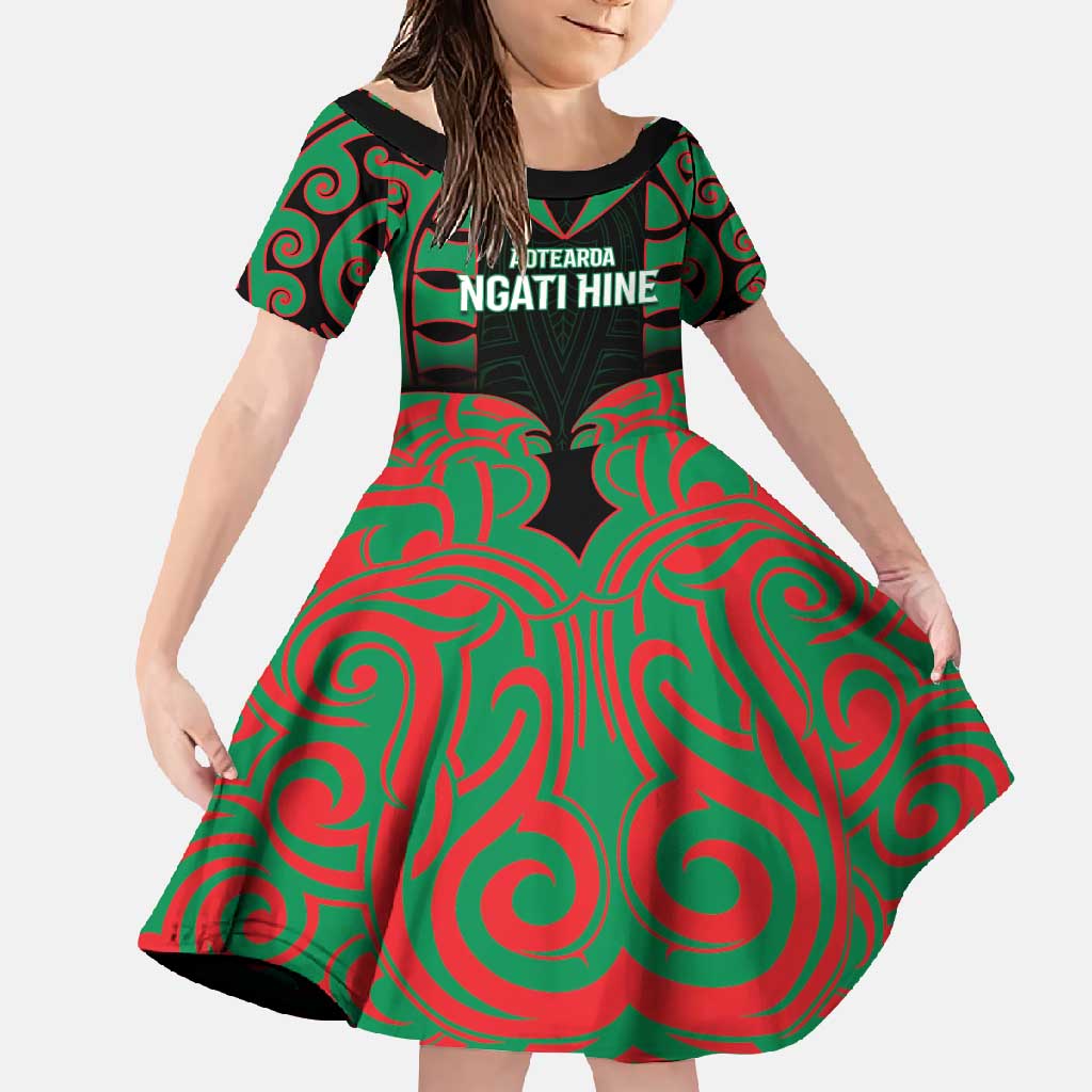 Custom Aotearoa Ngati Hine Family Matching Short Sleeve Bodycon Dress and Hawaiian Shirt Maori Pattern New Zealand DT05 Daughter's Dress Green - Polynesian Pride