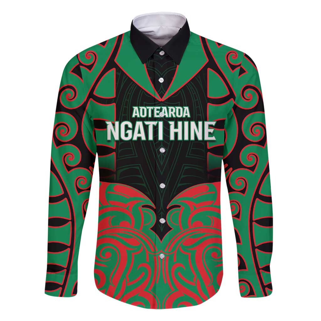 Custom Aotearoa Ngati Hine Family Matching Summer Maxi Dress and Hawaiian Shirt Maori Pattern New Zealand DT05 Dad's Shirt - Long Sleeve Green - Polynesian Pride
