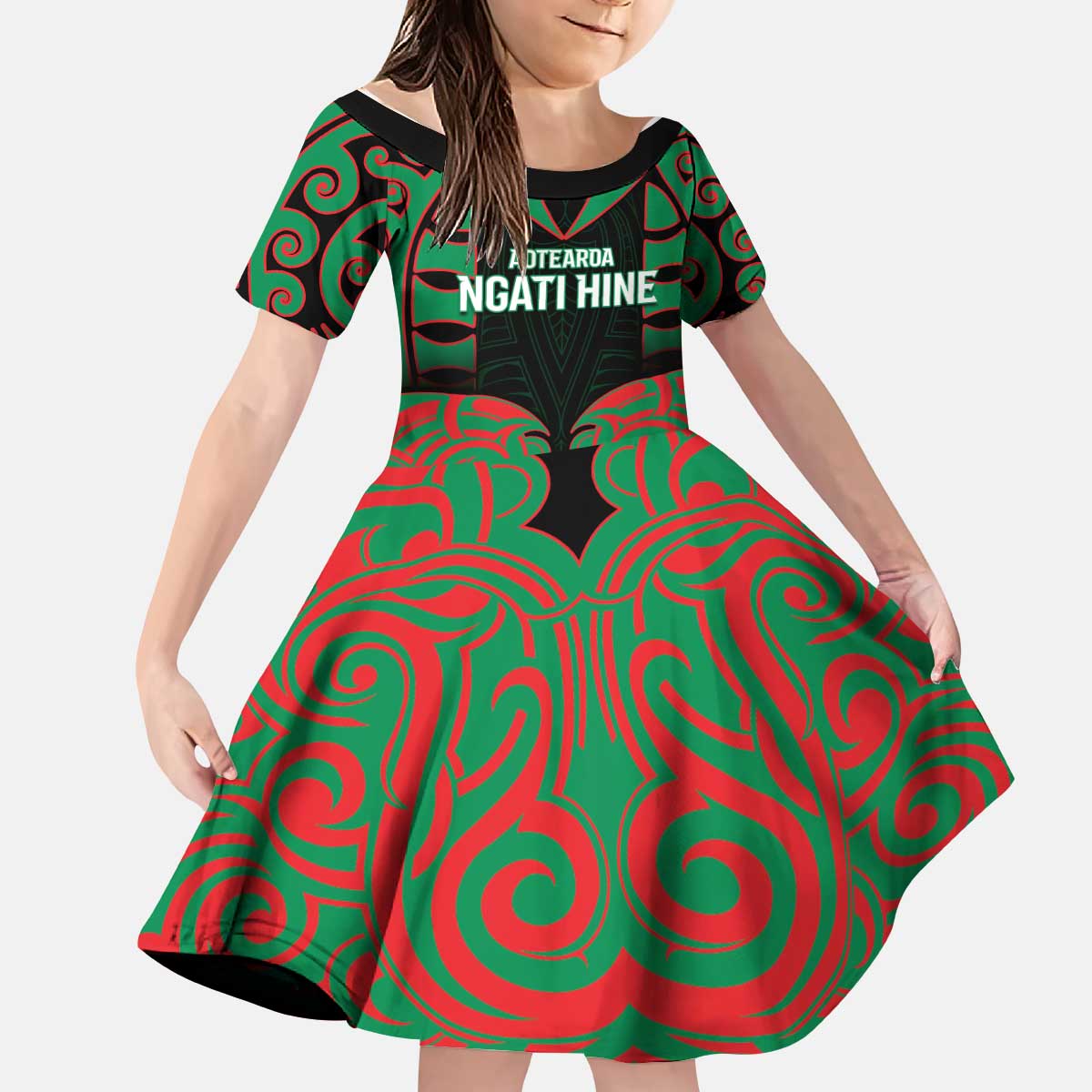 Custom Aotearoa Ngati Hine Kid Short Sleeve Dress Maori Pattern New Zealand - Polynesian Pride