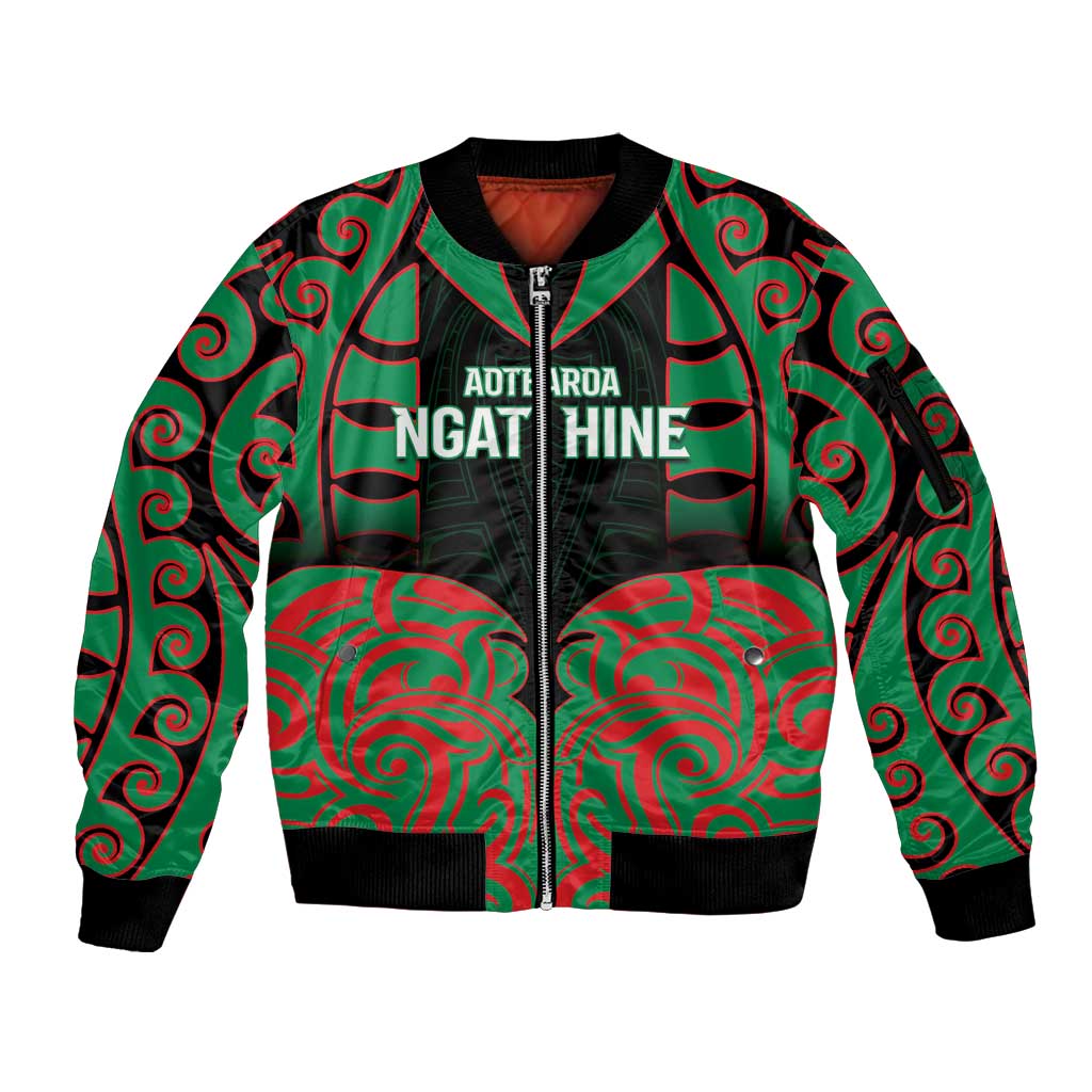 Custom Aotearoa Ngati Hine Sleeve Zip Bomber Jacket Maori Pattern New Zealand DT05 Unisex Green - Polynesian Pride