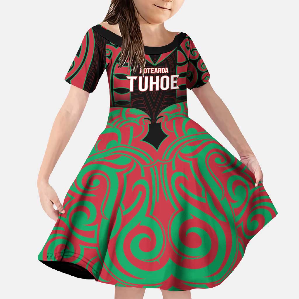 Custom Aotearoa Tuhoe Family Matching Off Shoulder Maxi Dress and Hawaiian Shirt Maori Pattern New Zealand DT05 Daughter's Dress Red - Polynesian Pride