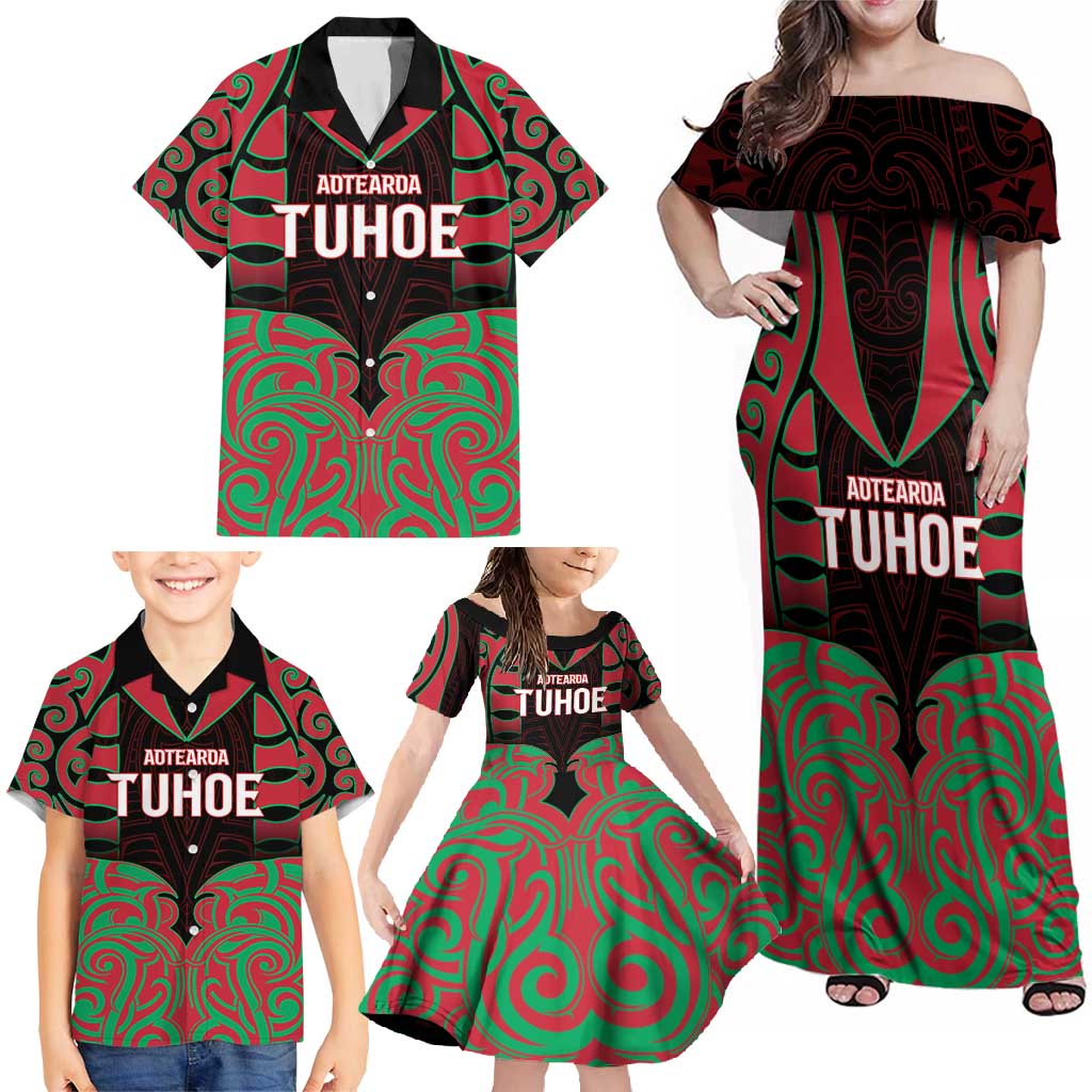 Custom Aotearoa Tuhoe Family Matching Off Shoulder Maxi Dress and Hawaiian Shirt Maori Pattern New Zealand DT05 - Polynesian Pride