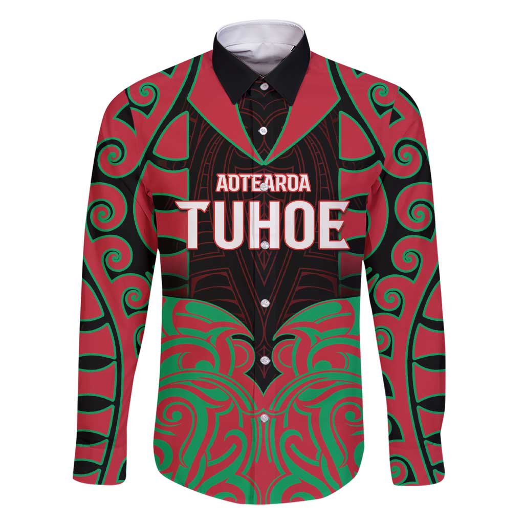 Custom Aotearoa Tuhoe Family Matching Short Sleeve Bodycon Dress and Hawaiian Shirt Maori Pattern New Zealand DT05 Dad's Shirt - Long Sleeve Red - Polynesian Pride
