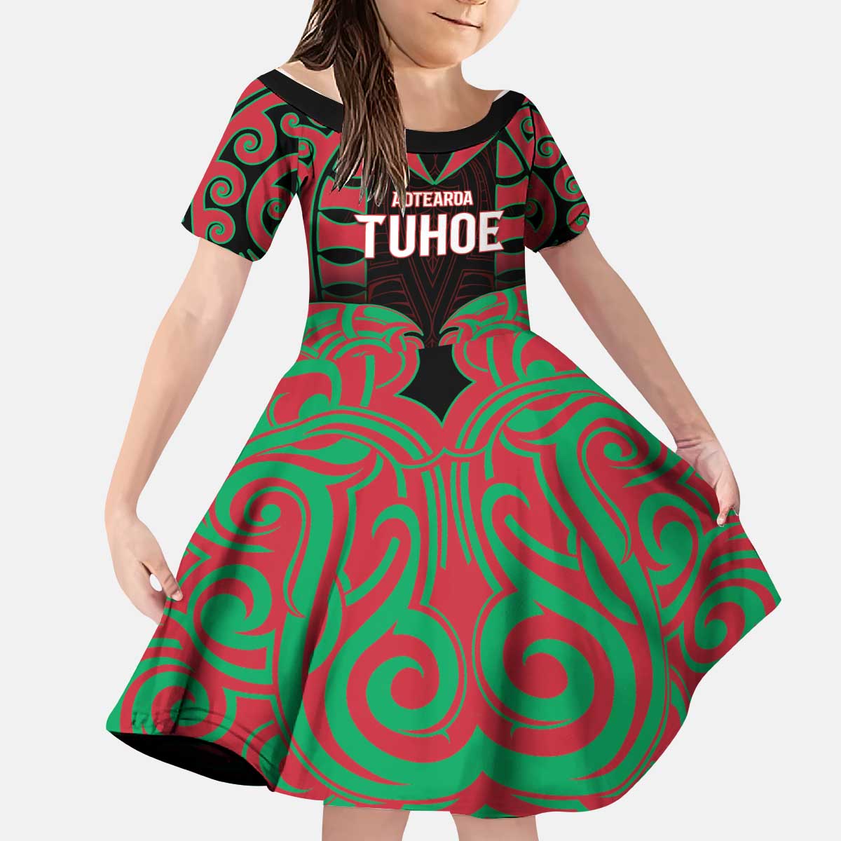 Custom Aotearoa Tuhoe Kid Short Sleeve Dress Maori Pattern New Zealand - Polynesian Pride