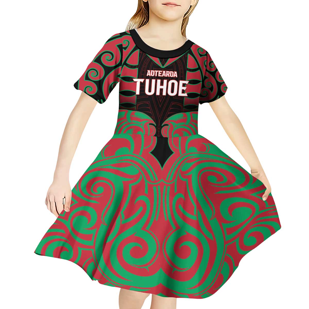 Custom Aotearoa Tuhoe Kid Short Sleeve Dress Maori Pattern New Zealand - Polynesian Pride