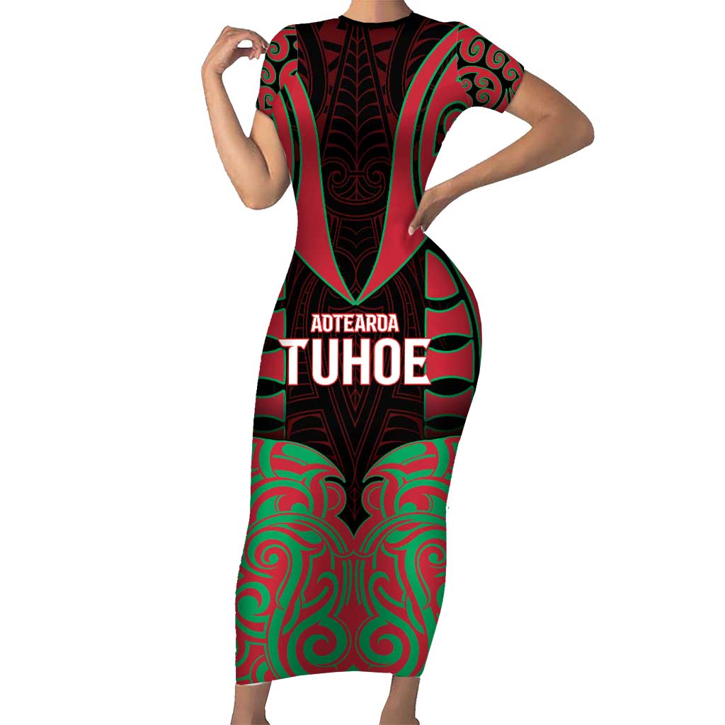 Custom Aotearoa Tuhoe Short Sleeve Bodycon Dress Maori Pattern New Zealand - Polynesian Pride