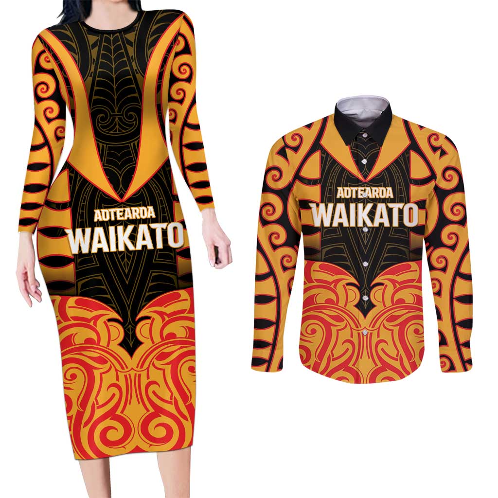 Custom Aotearoa Waikato Couples Matching Long Sleeve Bodycon Dress and Long Sleeve Button Shirt Maori Pattern New Zealand DT05 Orange - Polynesian Pride