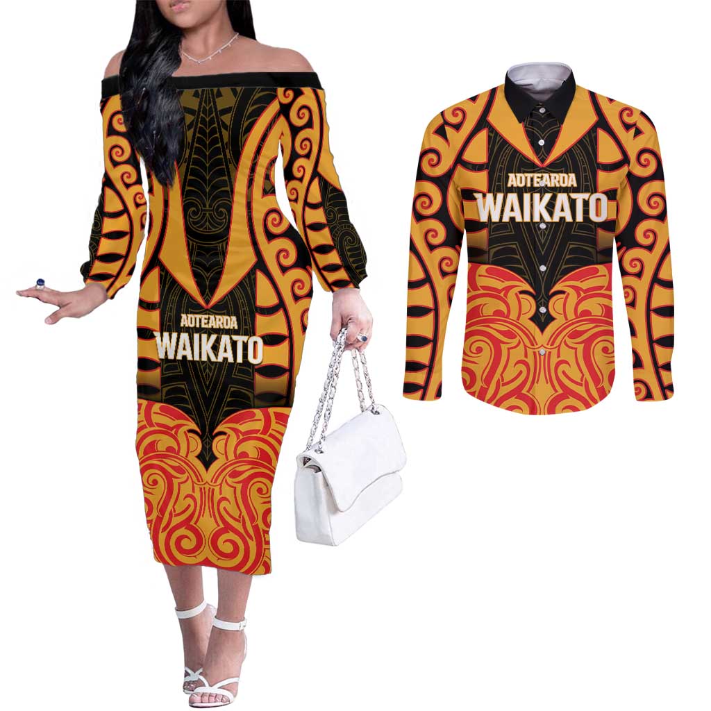 Custom Aotearoa Waikato Couples Matching Off The Shoulder Long Sleeve Dress and Long Sleeve Button Shirt Maori Pattern New Zealand DT05 Orange - Polynesian Pride