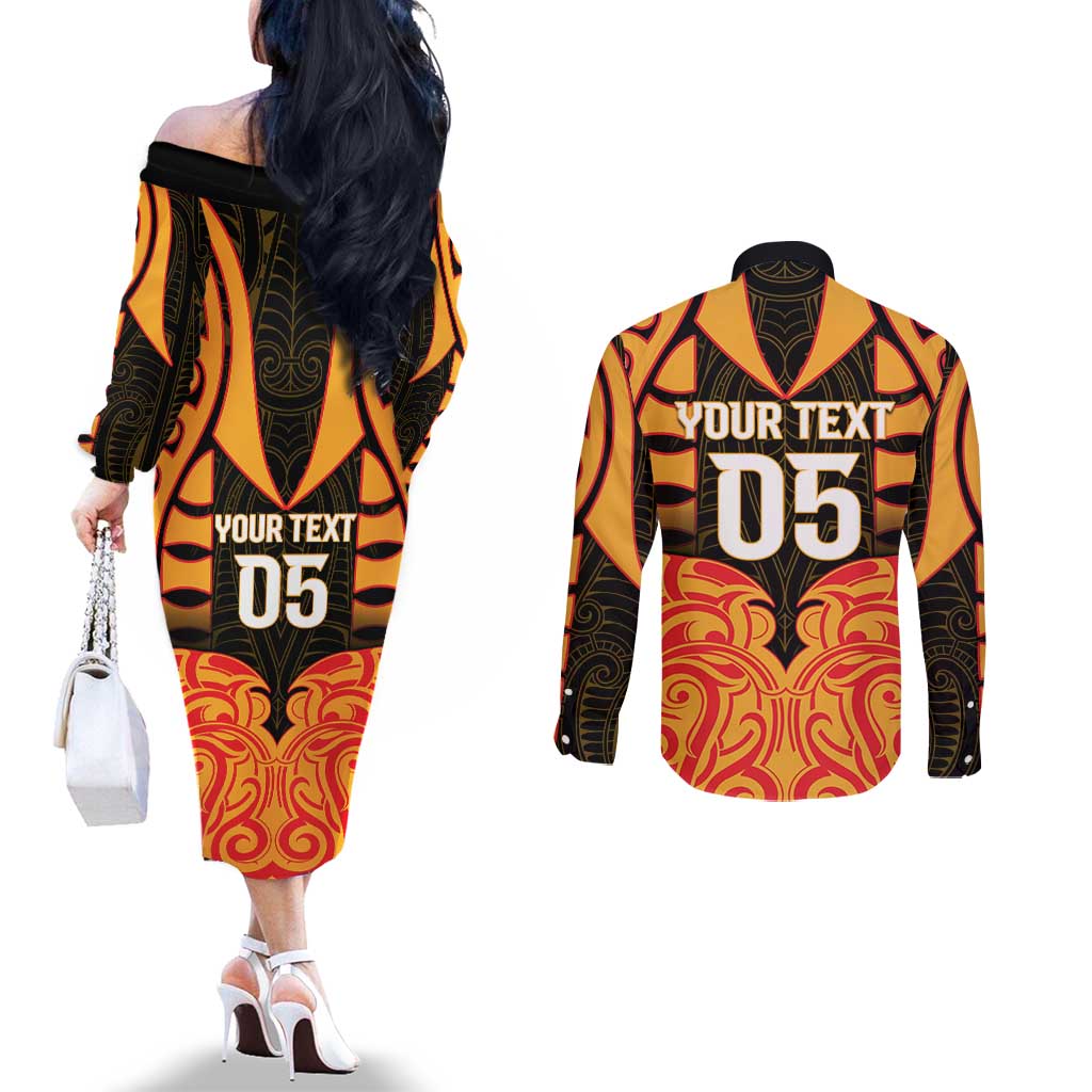 Custom Aotearoa Waikato Couples Matching Off The Shoulder Long Sleeve Dress and Long Sleeve Button Shirt Maori Pattern New Zealand - Polynesian Pride