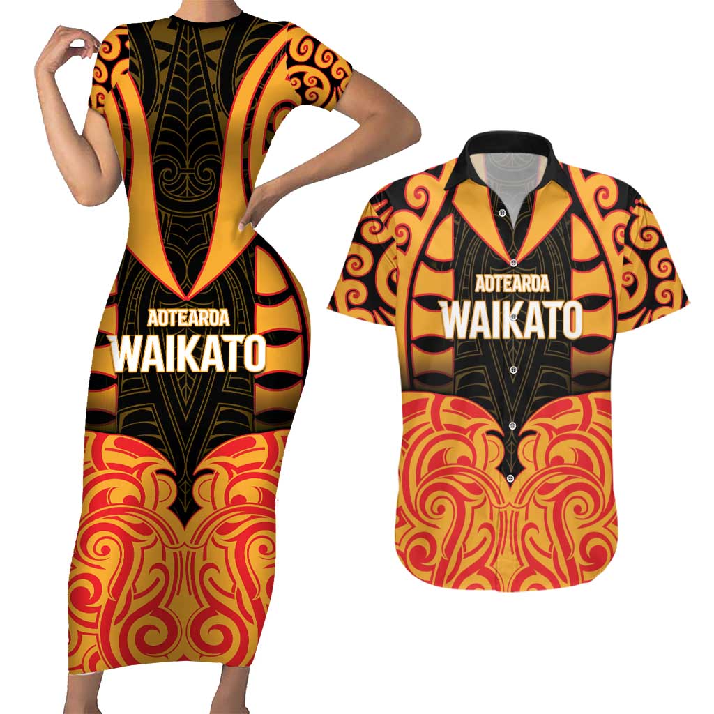 Custom Aotearoa Waikato Couples Matching Short Sleeve Bodycon Dress and Hawaiian Shirt Maori Pattern New Zealand DT05 Orange - Polynesian Pride