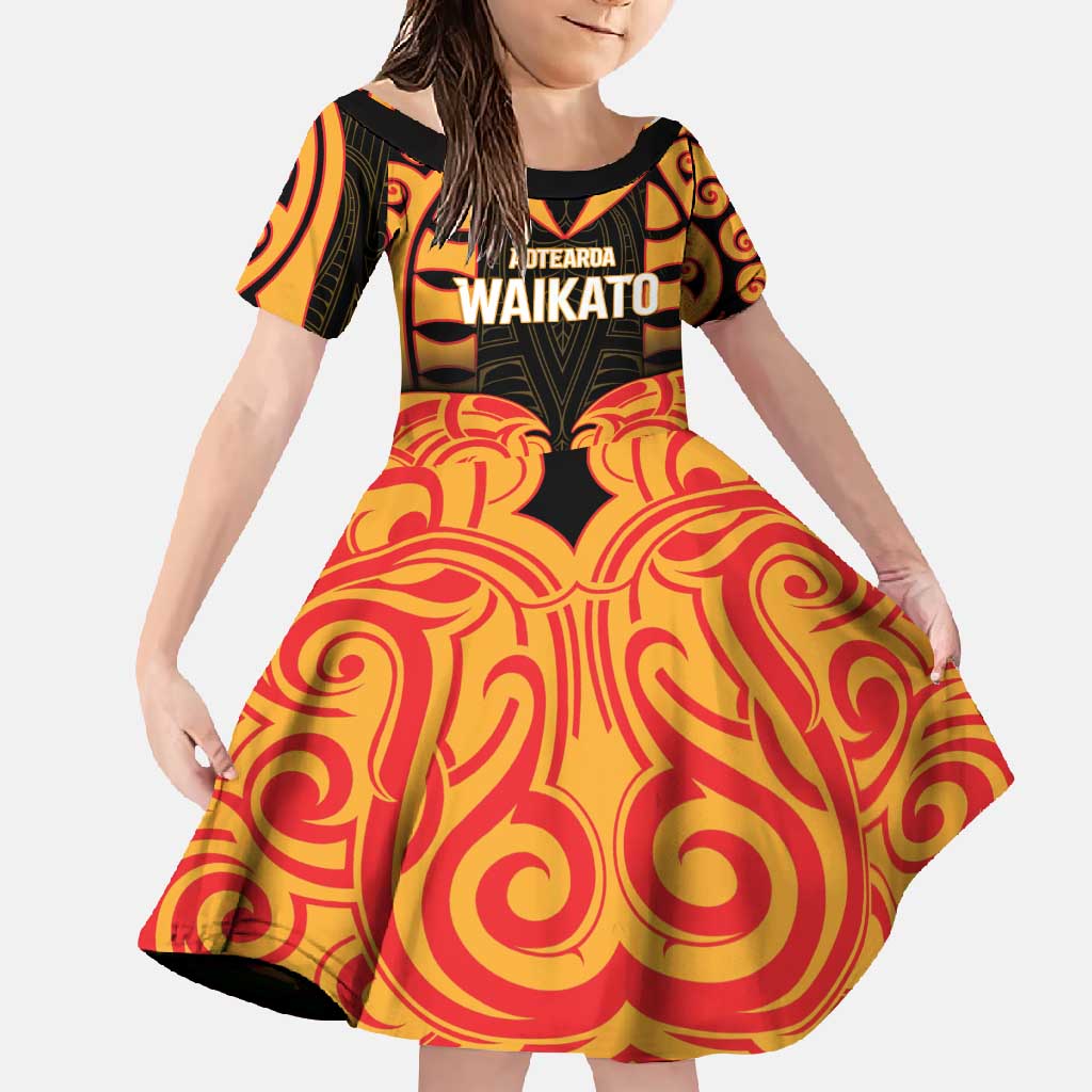 Custom Aotearoa Waikato Family Matching Off Shoulder Maxi Dress and Hawaiian Shirt Maori Pattern New Zealand DT05 Daughter's Dress Orange - Polynesian Pride