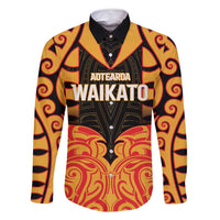 Custom Aotearoa Waikato Family Matching Off Shoulder Maxi Dress and Hawaiian Shirt Maori Pattern New Zealand DT05 Dad's Shirt - Long Sleeve Orange - Polynesian Pride