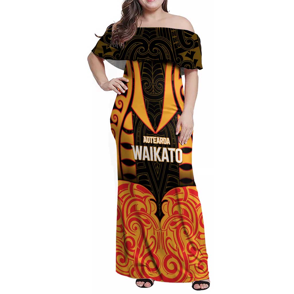 Custom Aotearoa Waikato Family Matching Off Shoulder Maxi Dress and Hawaiian Shirt Maori Pattern New Zealand DT05 Mom's Dress Orange - Polynesian Pride