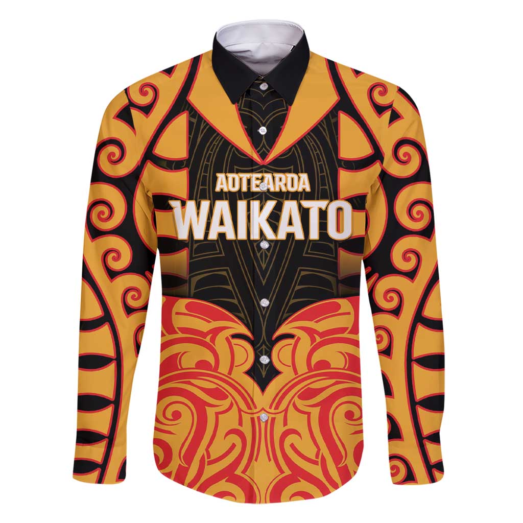 Custom Aotearoa Waikato Family Matching Short Sleeve Bodycon Dress and Hawaiian Shirt Maori Pattern New Zealand DT05 Dad's Shirt - Long Sleeve Orange - Polynesian Pride