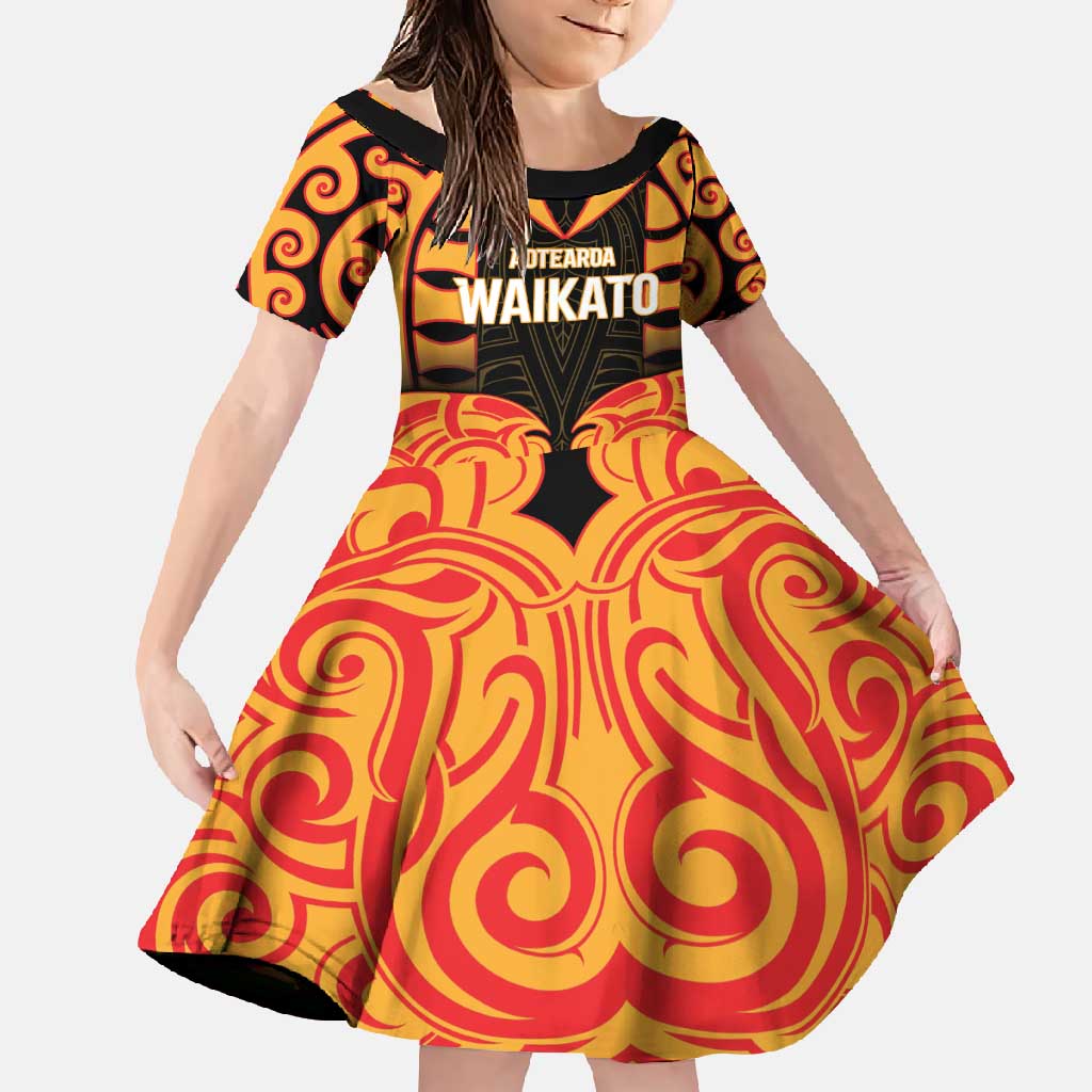 Custom Aotearoa Waikato Family Matching Summer Maxi Dress and Hawaiian Shirt Maori Pattern New Zealand DT05 Daughter's Dress Orange - Polynesian Pride
