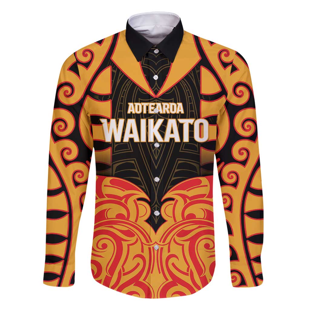 Custom Aotearoa Waikato Family Matching Summer Maxi Dress and Hawaiian Shirt Maori Pattern New Zealand DT05 Dad's Shirt - Long Sleeve Orange - Polynesian Pride