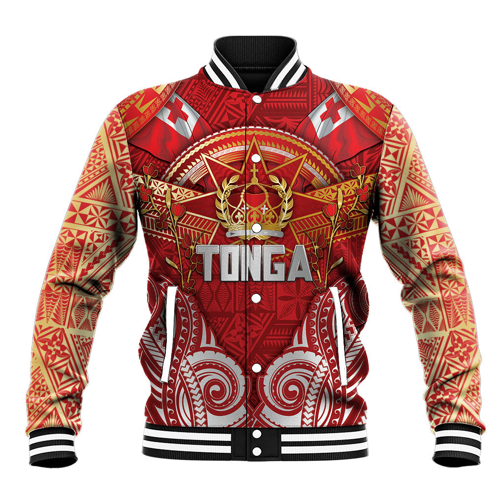 Tonga King's Birthday Baseball Jacket Gold Royal Crown Tribal Patterns