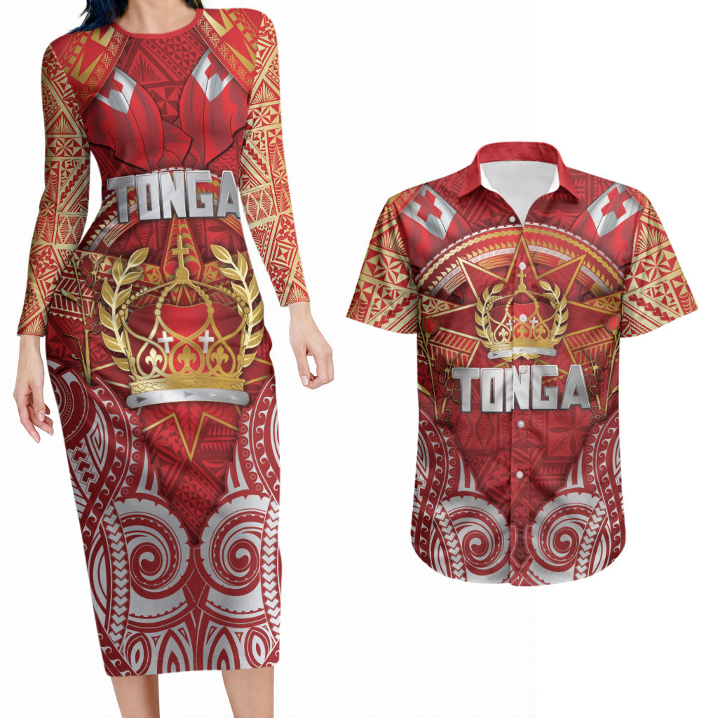 Tonga King's Birthday Couples Matching Long Sleeve Bodycon Dress and Hawaiian Shirt Gold Royal Crown Tribal Patterns DT05 Red - Polynesian Pride