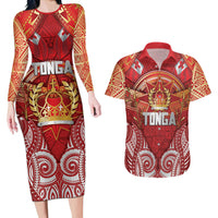 Tonga King's Birthday Couples Matching Long Sleeve Bodycon Dress and Hawaiian Shirt Gold Royal Crown Tribal Patterns