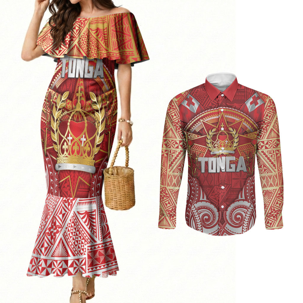Tonga King's Birthday Couples Matching Mermaid Dress and Long Sleeve Button Shirt Gold Royal Crown Tribal Patterns DT05 Red - Polynesian Pride