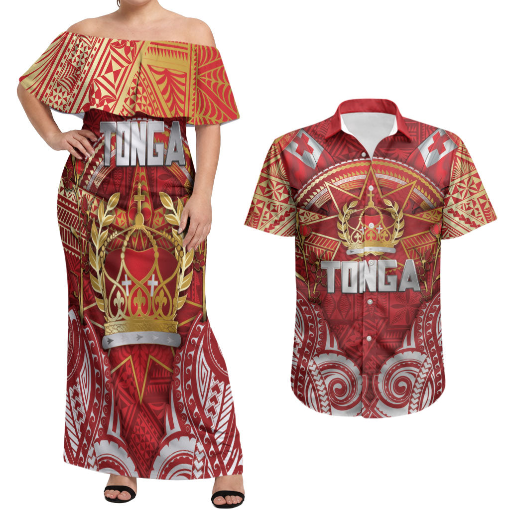Tonga King's Birthday Couples Matching Off Shoulder Maxi Dress and Hawaiian Shirt Gold Royal Crown Tribal Patterns DT05 Red - Polynesian Pride