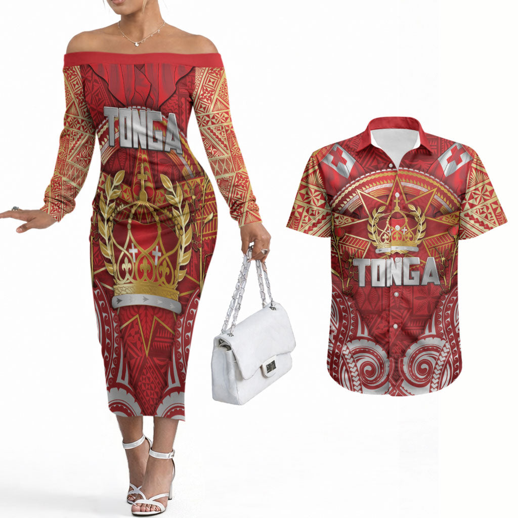 Tonga King's Birthday Couples Matching Off The Shoulder Long Sleeve Dress and Hawaiian Shirt Gold Royal Crown Tribal Patterns DT05 Red - Polynesian Pride