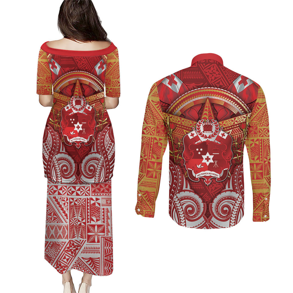 Tonga King's Birthday Couples Matching Puletasi and Long Sleeve Button Shirt Gold Royal Crown Tribal Patterns