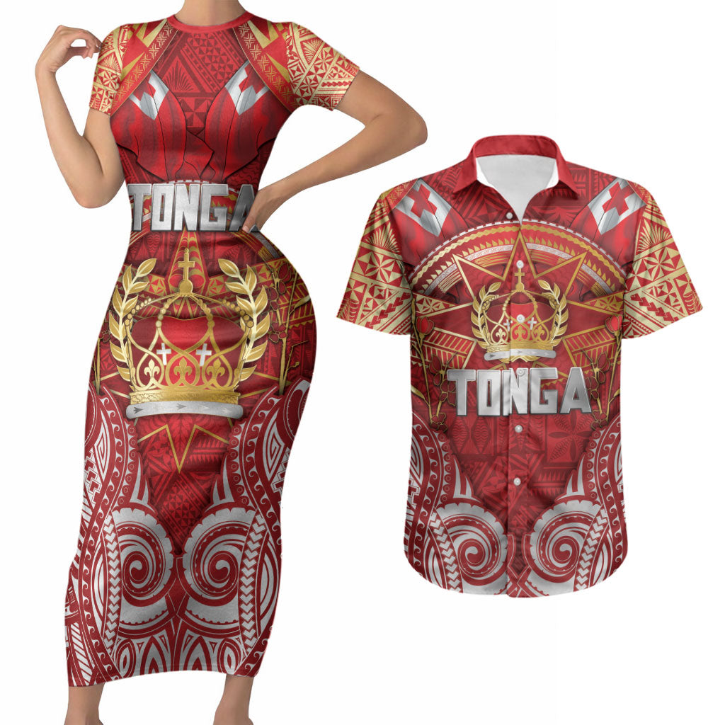 Tonga King's Birthday Couples Matching Short Sleeve Bodycon Dress and Hawaiian Shirt Gold Royal Crown Tribal Patterns DT05 Red - Polynesian Pride