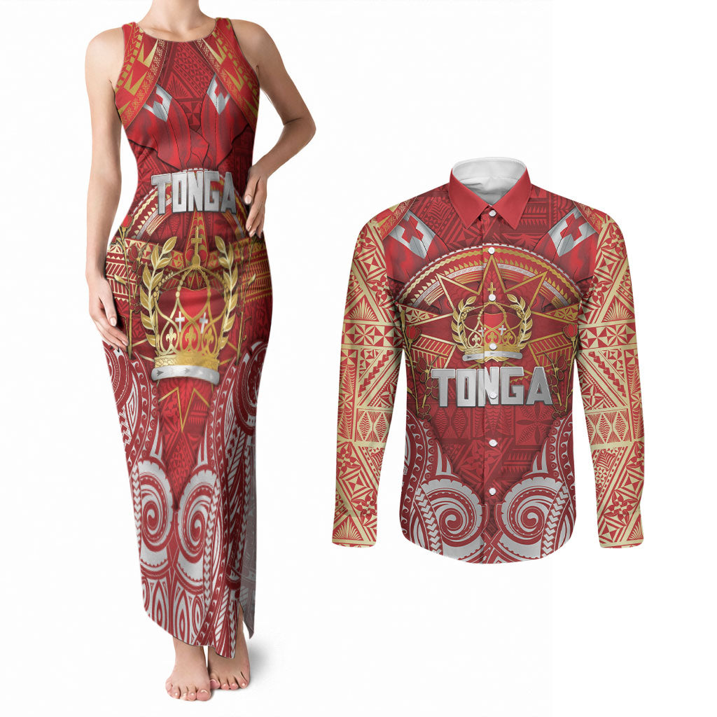 Tonga King's Birthday Couples Matching Tank Maxi Dress and Long Sleeve Button Shirt Gold Royal Crown Tribal Patterns DT05 Red - Polynesian Pride