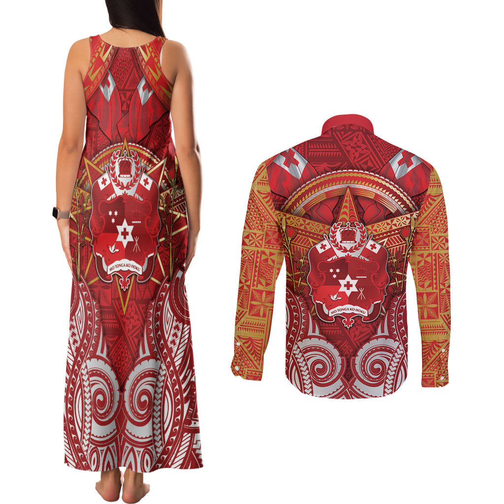Tonga King's Birthday Couples Matching Tank Maxi Dress and Long Sleeve Button Shirt Gold Royal Crown Tribal Patterns