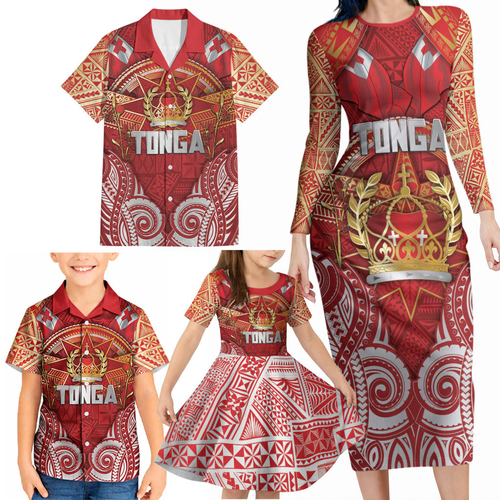 Tonga King's Birthday Family Matching Long Sleeve Bodycon Dress and Hawaiian Shirt Gold Royal Crown Tribal Patterns DT05 - Polynesian Pride