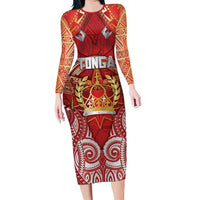 Tonga King's Birthday Family Matching Long Sleeve Bodycon Dress and Hawaiian Shirt Gold Royal Crown Tribal Patterns DT05 Mom's Dress Red - Polynesian Pride