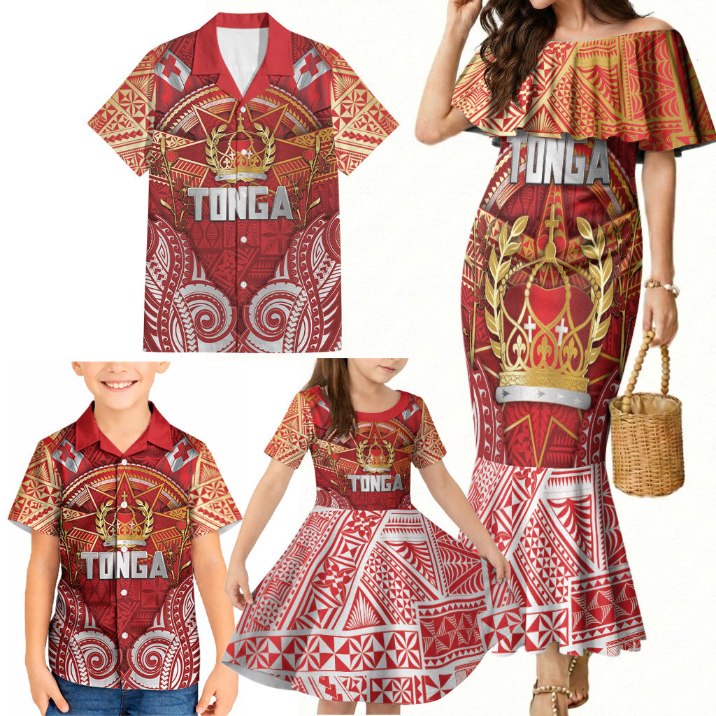 Tonga King's Birthday Family Matching Mermaid Dress and Hawaiian Shirt Gold Royal Crown Tribal Patterns DT05 - Polynesian Pride
