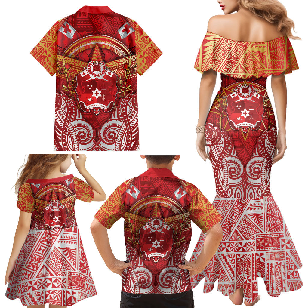 Tonga King's Birthday Family Matching Mermaid Dress and Hawaiian Shirt Gold Royal Crown Tribal Patterns
