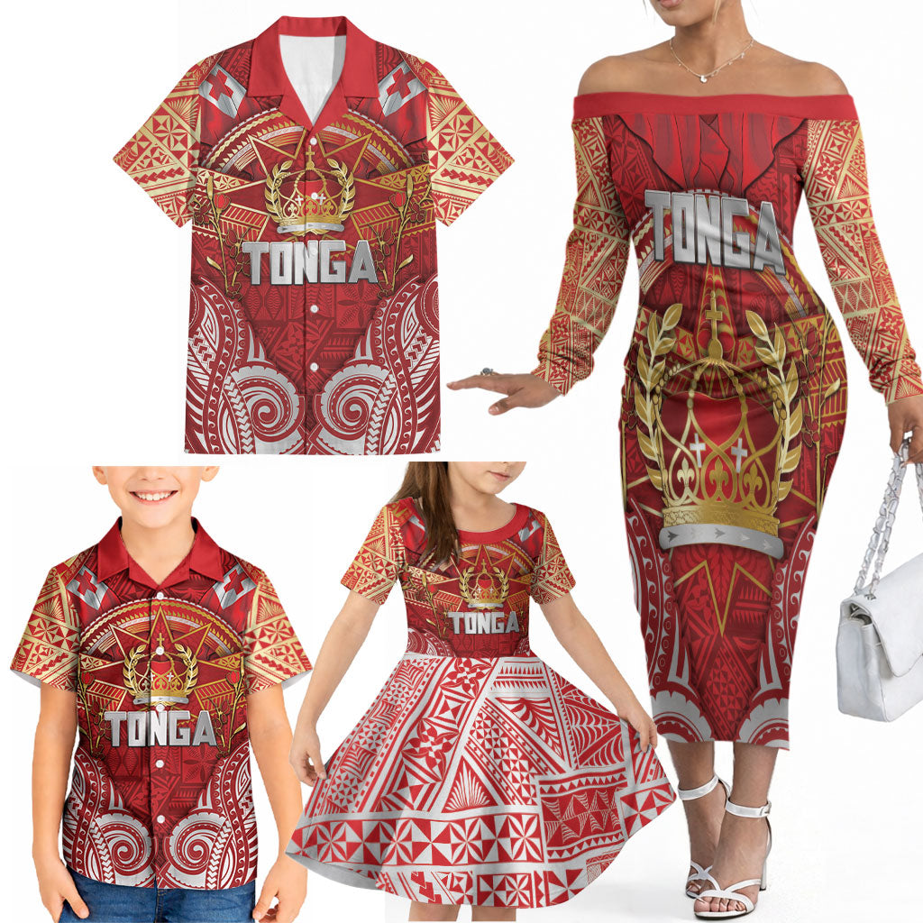 Tonga King's Birthday Family Matching Off The Shoulder Long Sleeve Dress and Hawaiian Shirt Gold Royal Crown Tribal Patterns DT05 - Polynesian Pride