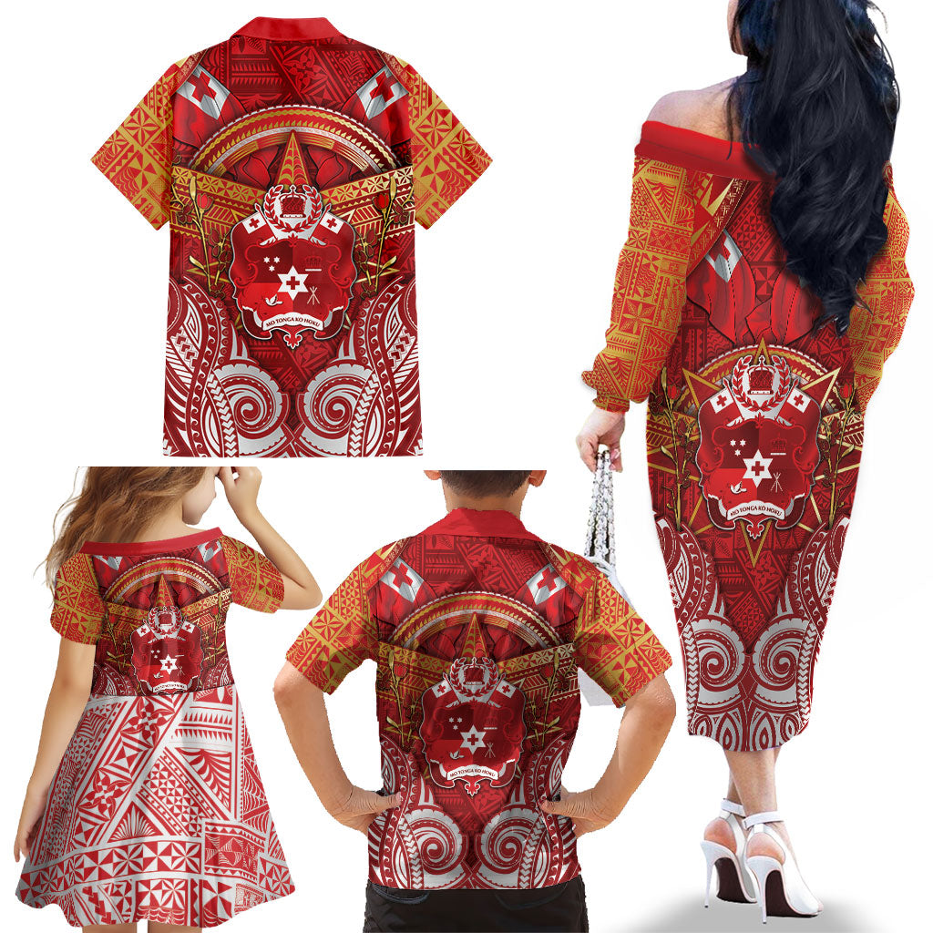 Tonga King's Birthday Family Matching Off The Shoulder Long Sleeve Dress and Hawaiian Shirt Gold Royal Crown Tribal Patterns